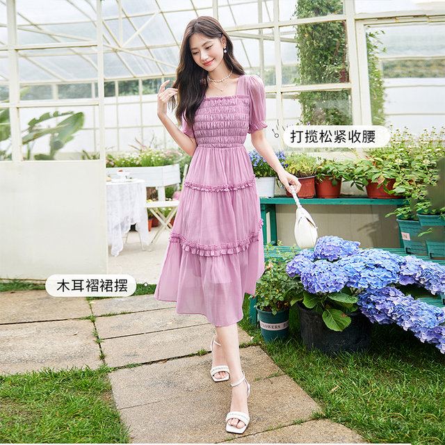 Xiangying Square Neck Dress ແມ່ຍິງ 2024 Summer New Slim ແອວສູງ skirt ໃນໄລຍະ Knee Puff Sleeve Tea Break Dress