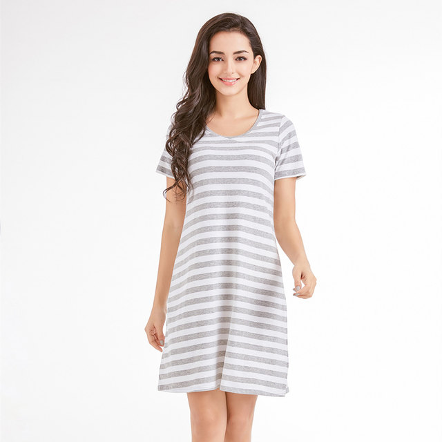 Nightgown ສໍາລັບແມ່ຍິງ summer ຝ້າຍບໍລິສຸດວ່າງ pajamas ແຂນສັ້ນແບບເກົາຫຼີ striped modal ກາງ-length skirt underwear ເຮືອນໃສ່ຂະຫນາດໃຫຍ່