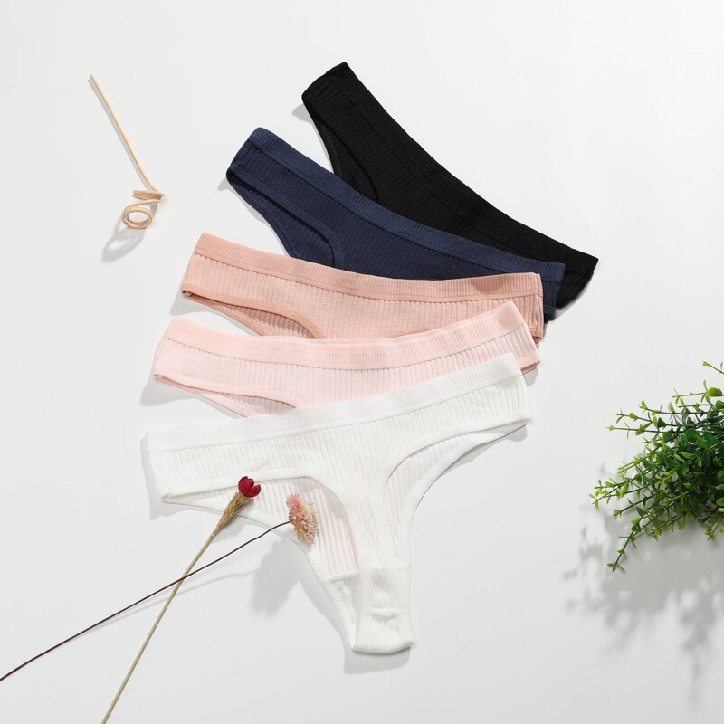 Cross-Border European and American Large Size Pure Cotton Underwear for Women, Comfortable Ribbed Sexy Thong Panties, Low-Waist Breathable Pure Cotton T-Pants