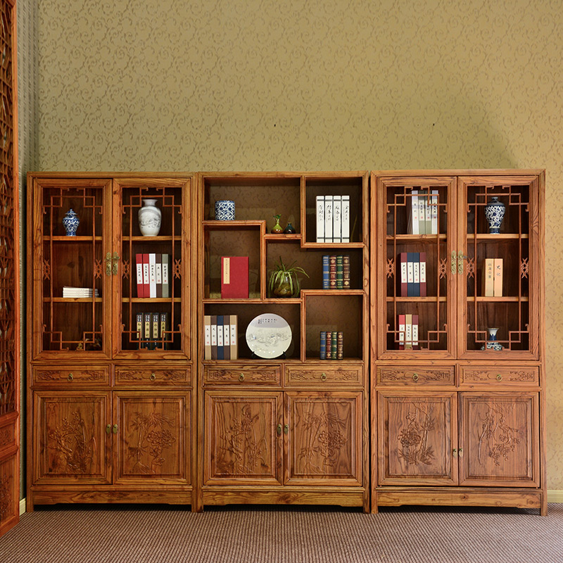 Solid wood bookcase bookcase imitation ancient Chinese style bookcase South elm wood office furniture display cabinet storage cabinet
