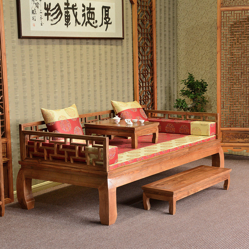 Yijia Department Solid wood Arhat bed three-piece set South elm Chinese style antique Ming and Qing furniture Wanzi sofa bed