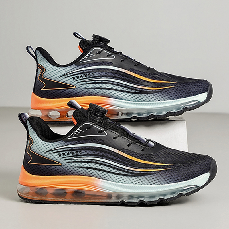 Full-Length Air Cushion Running Shoes, Shock-Absorbing Men's Shoes, Rotating Buckle, Lightweight, Size 45, Large Size 46, Mesh Surface, Breathable, Size 47, Sports Shoes