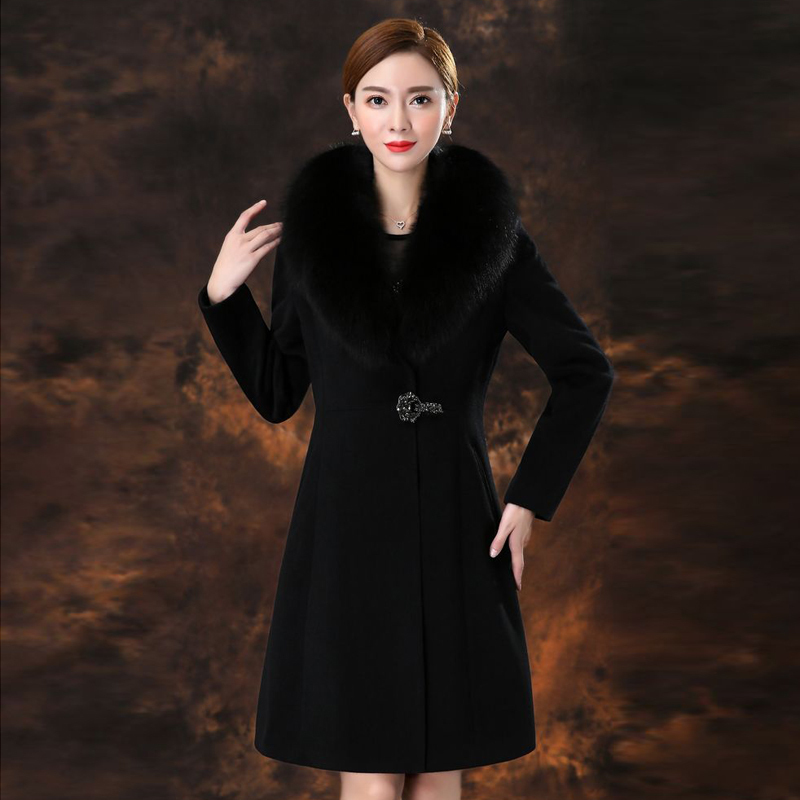 Fox Fur Collar Wool Coat 2024 Autumn and Winter Woolen Coat Petite Mid-Length Plus Size Fine Fleece Thickened Coat