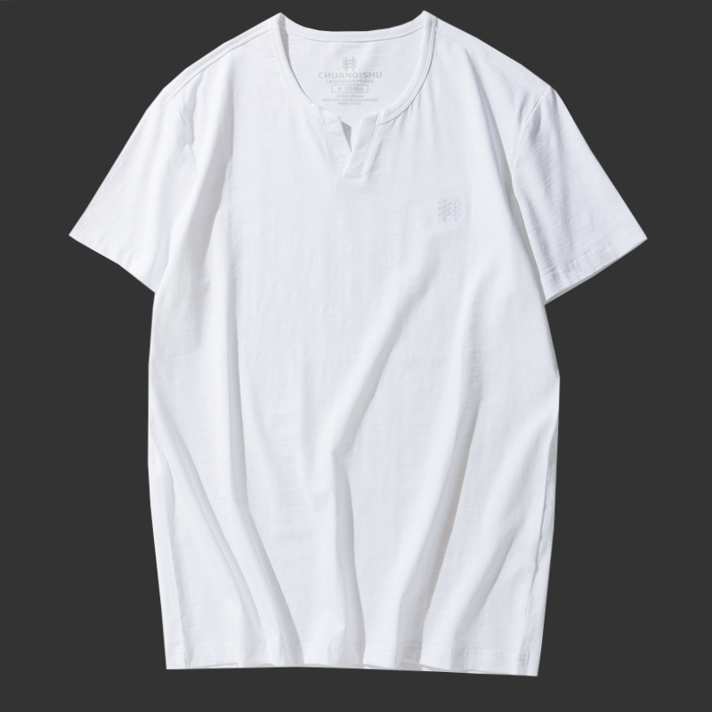 Mùa hè 2017 mới bằng tre cotton ngắn tay áo thun nam XL V-cổ rắn màu nửa tay áo xu hướng áo thun trắng trơn