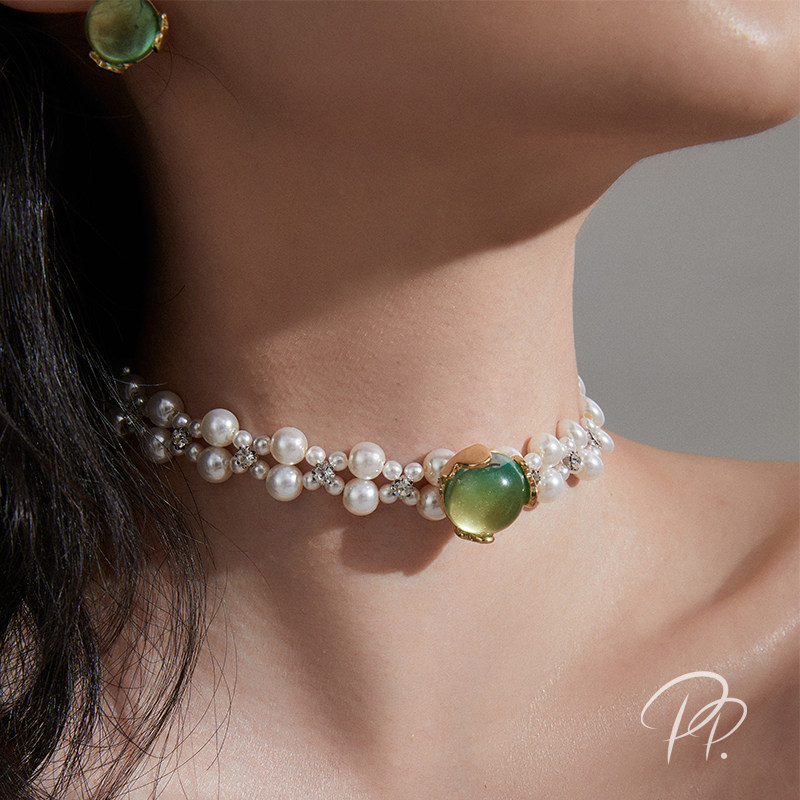 PP jewelry original green bubble pearl necklace female light luxury niche necklace temperament retro baroque clavicle chain