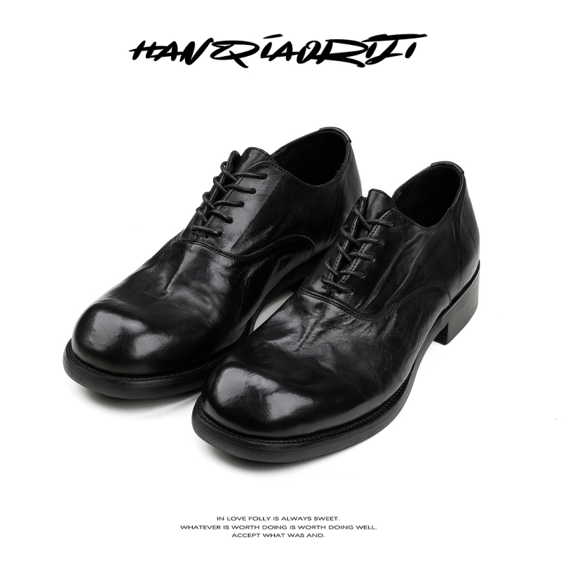 Hanqiao Diary [Black Blood Series] "Cross-Cut" Washed Horse Leather Black Commuting Square-Toe Derby Shoes Men's Casual Leather Shoes