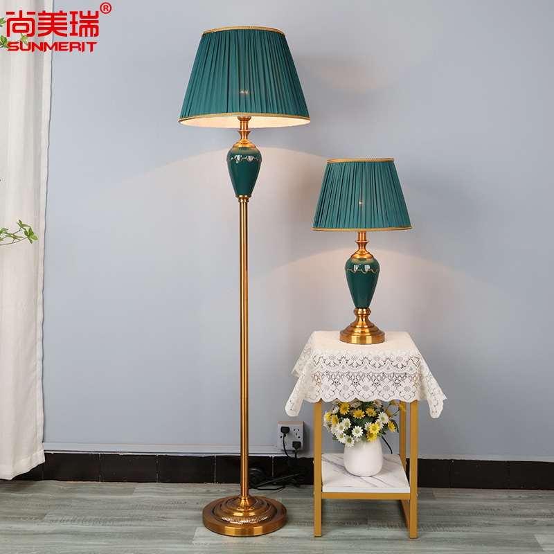 American-Style Floor Lamp, Decorative Lamp Next to the Sofa in the Living Room, Bedside Fabric Standing Ceramic Lamp in the Bedroom, New Chinese Style, Retro Green American-Style Floor Lamp, Decorative Lamp Next to the Sofa in the Living Room, Bedside Fabric Standing Ceramic Lamp in the Bedroom, New Chinese Style, Retro Green