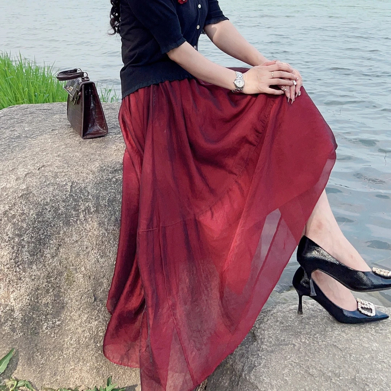 Three-Dimensional Decorative High-Waisted High-Elasticity Elastic Band Skirt for Women, Red, Elegant, Slimming, Casual Vacation A-Line Skirt