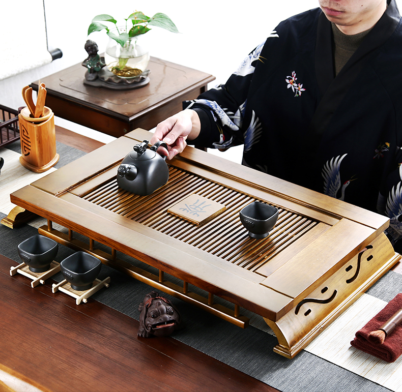 Solid wood tea tray of a complete set of tea service suit household contracted office violet arenaceous kung fu tea set drainage type tea tray storage units