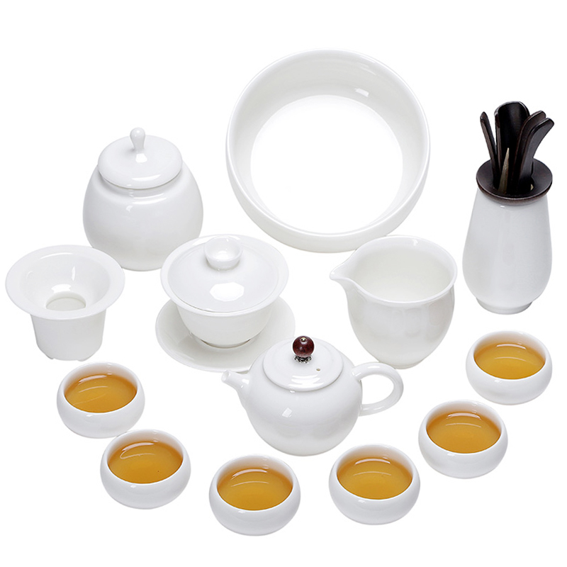 A friend is A complete set of suet jade porcelain kung fu tea set household dehua white porcelain tea set the teapot teacup GaiWanCha sea