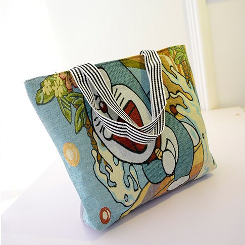 New female bag cartoon woven simple canvas bag shoulder bag Korean casual big bag handbag shopping bag tide