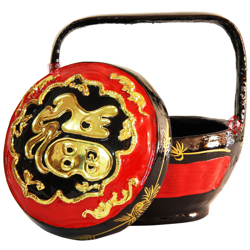 Yongchun Lacquer Basket Folk Handicraft Line Carved Fu Character Bamboo Weaving Large Lacquer Lacquer Art Wedding Decoration Basket Burning Incense Basket Bye Bye Basket