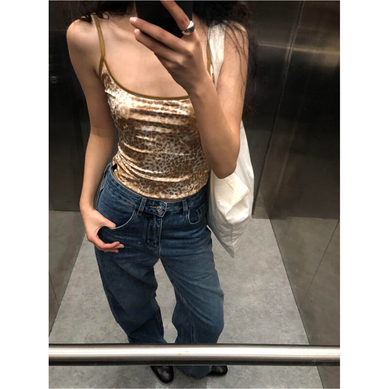 American Retro Design Leopard Print Slim-Fit Vest for Women, New Summer Casual Leopard Print Animal Print Velvet Camisole Top