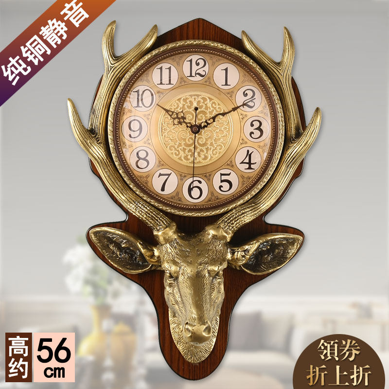 TQJ European pure copper wall clock Living room wood decorative hanging table creative auspicious elephant silent quartz clock