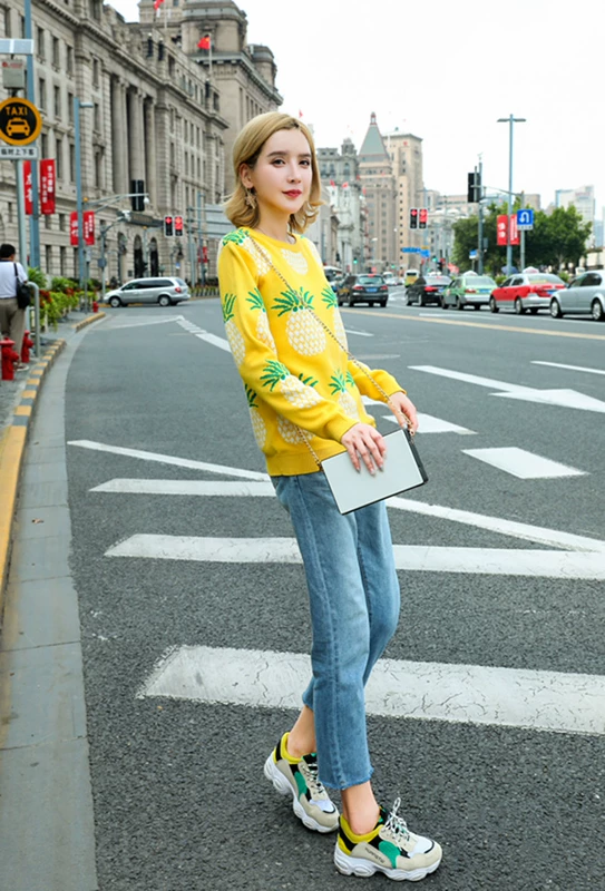 Áo len dệt kim cho phụ huynh-trẻ em 2018 mới mùa thu và áo len dệt kim dày cổ tròn cho mẹ và áo thun nữ