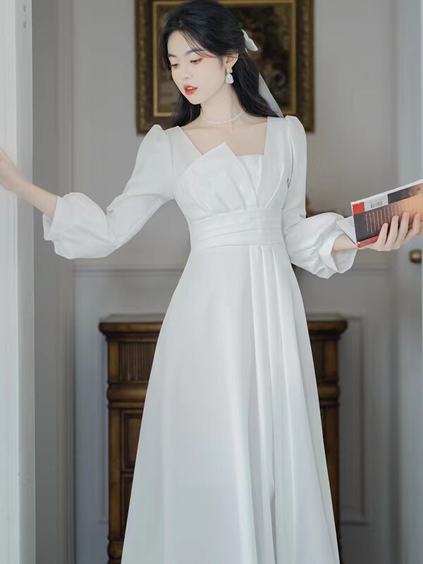 White Dress for Women, Elegant and Suitable for Marriage Registration, Light Wedding Dress, Can Be Worn Daily, Engagement Dress, Long Sleeves