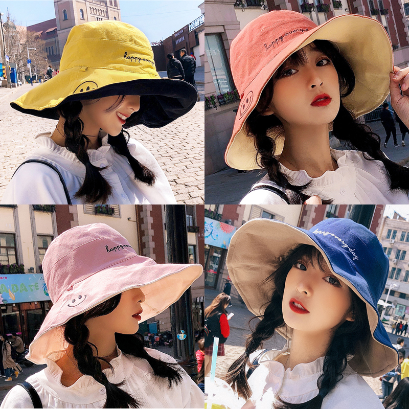 Day-series bifacial large hat-hat fisherman hat smiling face sunscreen hat outdoor beach sunbeach hat summer ladies net red 100 hitch