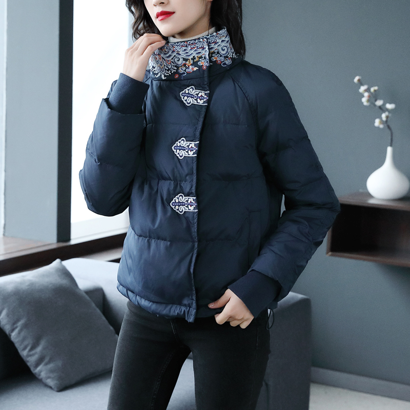 Chinese Wind Down Jacket Woman Short 2019 Winter Ethnic Wind Embroidery Thickened White Duck Suede Small Sub Coat Anti Season
