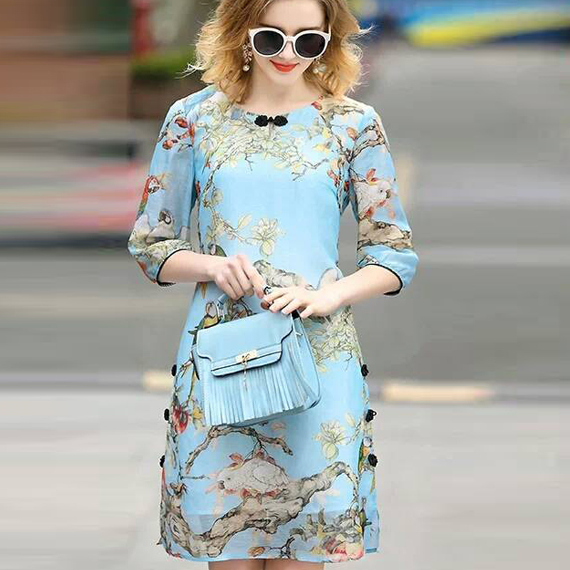 Qipao Summer 2019 new female literature and art improved version retro big size A word silk Asayo dress female end Zhuang atmosphere