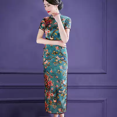Heavy silk cheongsam long version female retro modified version old Shanghai mulberry silk medium long version dress Chinese style summer