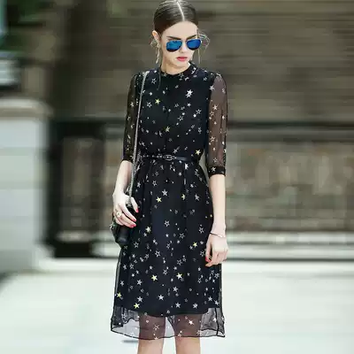 Women's fashion star print fake two piece collar A- line dress summer tide 2019 early season new silk dress G