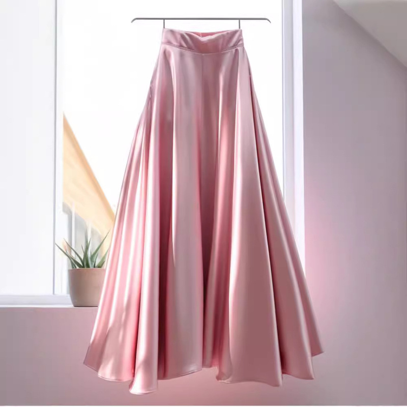 European New Style Gentle Style Drape Pink Satin Skirt Women's Spring Fashion Popular Fashionable Pleated Skirt
