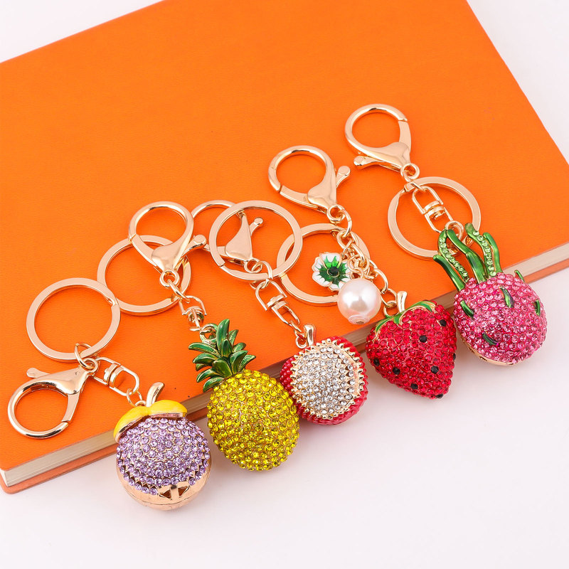 Cute Rhinestone-Encrusted Imitation Fruit Pineapple Strawberry Dragon Fruit Lychee Mangosteen Car Keychain Chain Women's Bag Pendant