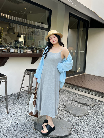 DM100大码百分百2025春夏新款女装长款a字胖mm收腰针织吊带连衣裙