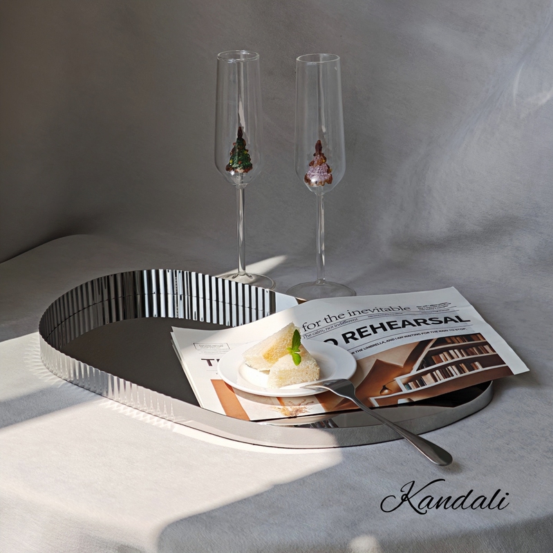 Modern Silver Mirror Asymmetrical Wave Pattern Stainless Steel Metal Tray Living Room Dining Table Storage Display Model Room
