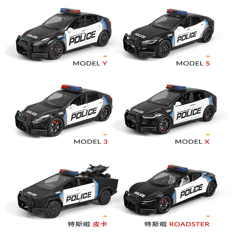 New 1:24 Tesla Y Us Version Pickup Truck Police Car Alloy Model Sound and Light Door Opening Boy Toy Car Gift