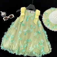 Зеленое трехмерное платье без рукавов, шапка, в цветочек