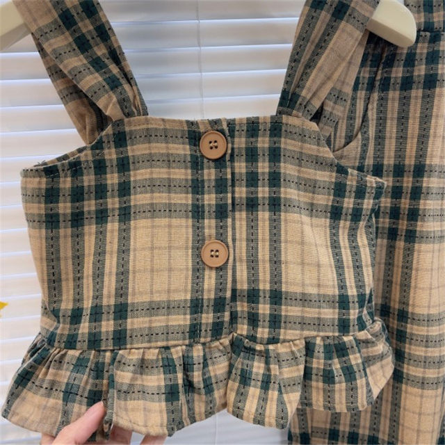 Girls summer new children's net red sweet suit baby retro plaid sling children's fashionable two-piece suit