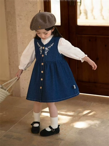 Осенний комплект для девочек, джинсовая юбка, рубашка, в корейском стиле, в западном стиле, популярно в интернете