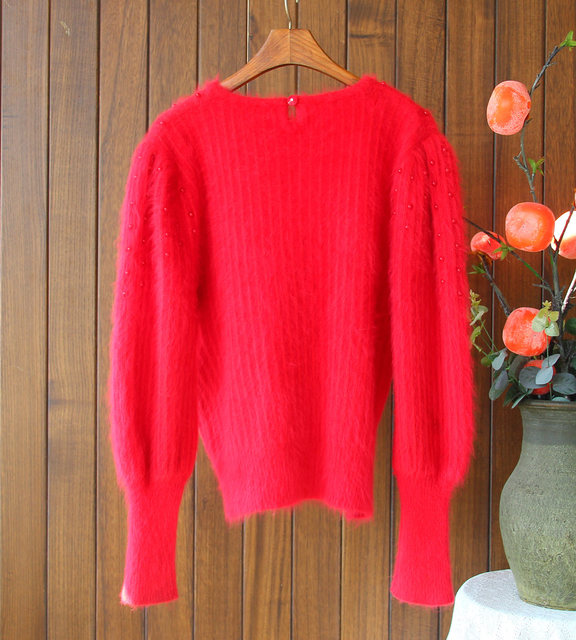 Princess puff sleeve temperament beaded angora rabbit hair lady style sweet lady temperament autumn and winter pullover sweater red