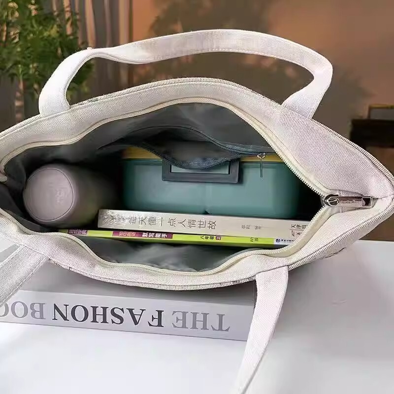 Ethnic Style Double-Sided Gold Thread Canvas Small Handbag, Wear-Resistant, Fashionable and Versatile, Embroidered Zipper Handbag