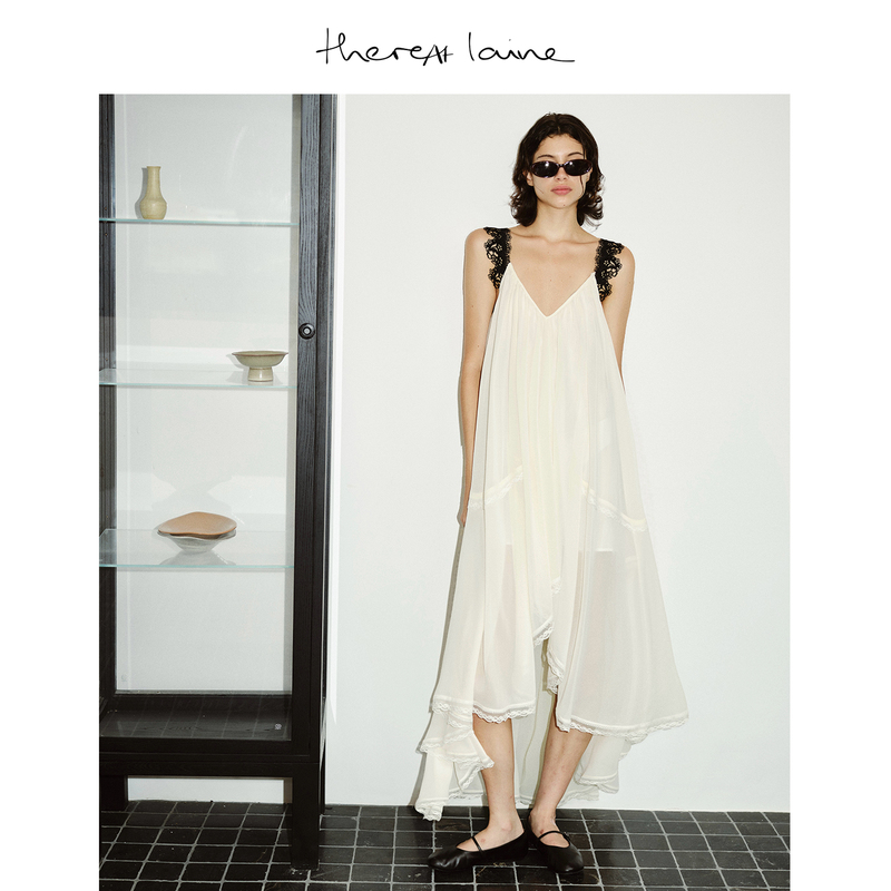 【Thereat Laine】French Lace Irregular Hem Spaghetti Strap Dress Romantic Long Dress for Autumn Layering