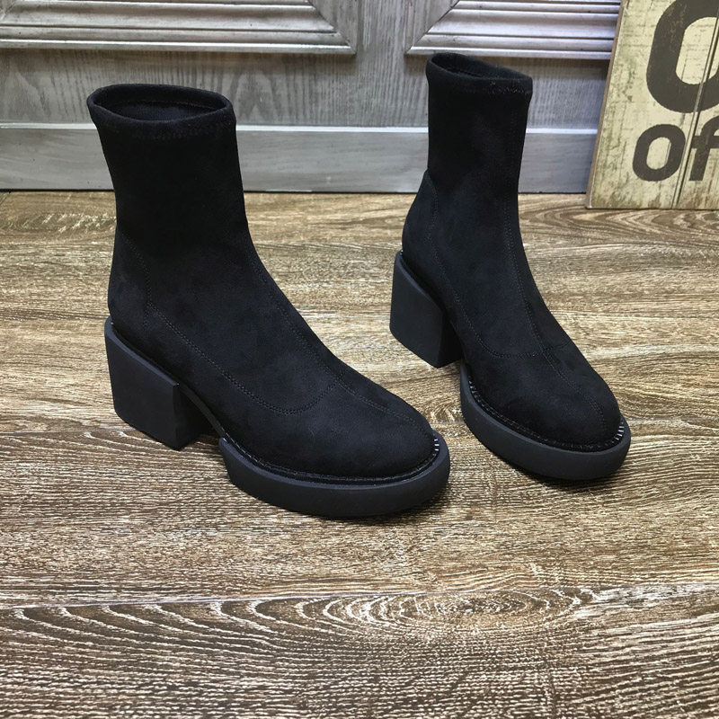 2022 European Station Autumn and Winter New Muffin Heel Thick-soled Casual Elastic Short Boots Thick Heel Martin Boots Thin Skinny Boots Women's Fashion