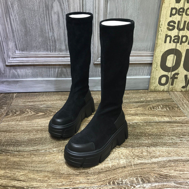 2022 European station autumn and winter new sponge cake thick bottom high elastic boots high boots Martin boots thin boots women's tide