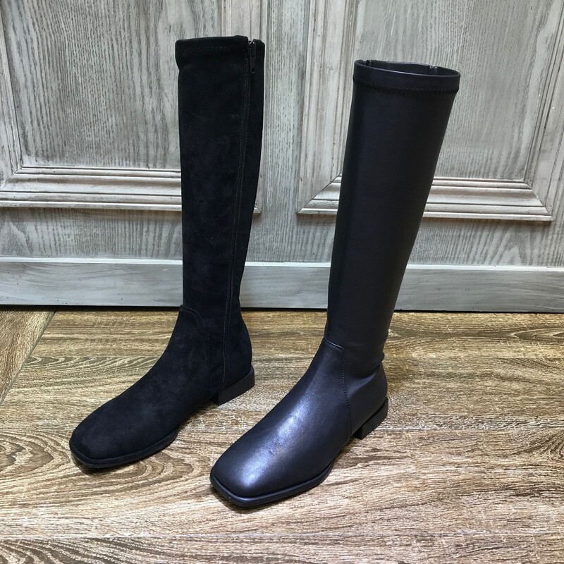 2021 autumn and winter new square head large size low heel side zipper high boots Martin boots elastic boots cycling boots women's tide