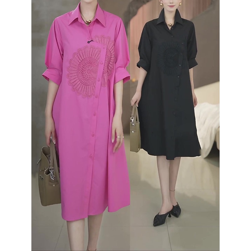 Elegant Sunflower Embroidered Shirt Dress for Women, Long Style with Turn-Down Collar and Buttons, Fashionable Loose Fit Plus Size