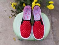 White leather bottom elastic shoes handmade cloth shoes single shoes overfoot red striped corduroy casual flat bottom low top