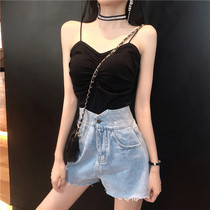  Hong Kong style retro mind V-neck pleated suspenders worn outside knitted small vest female sense of inner sleeveless top summer tide