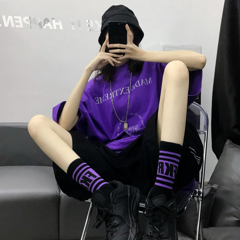 Purple Striped Letter Mid-Calf Socks Korean Style Sports Socks Double-Bar Street Dance Personality College Style Unisex Couple Long Socks Cotton