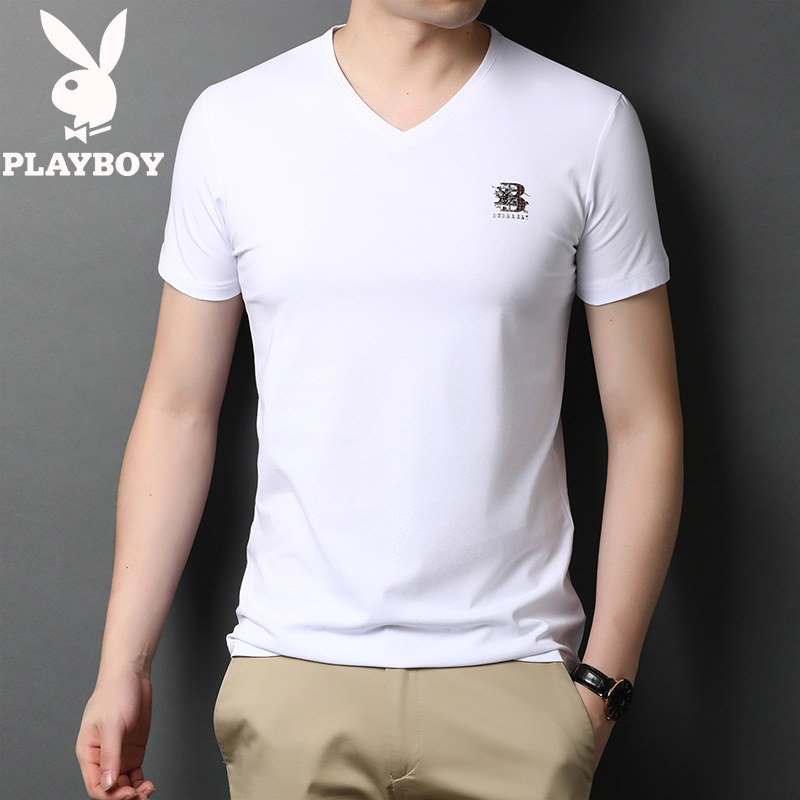 Playboy Men's T-Shirt Short Sleeve Ice Silk Thin V-Neck White Summer V-Neck Half Sleeve 2022 New T-Shirt