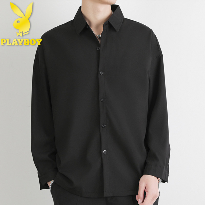 Playboy spring and autumn long-sleeved shirt men's summer Korean trend black shirt drape ice silk short-sleeved jacket