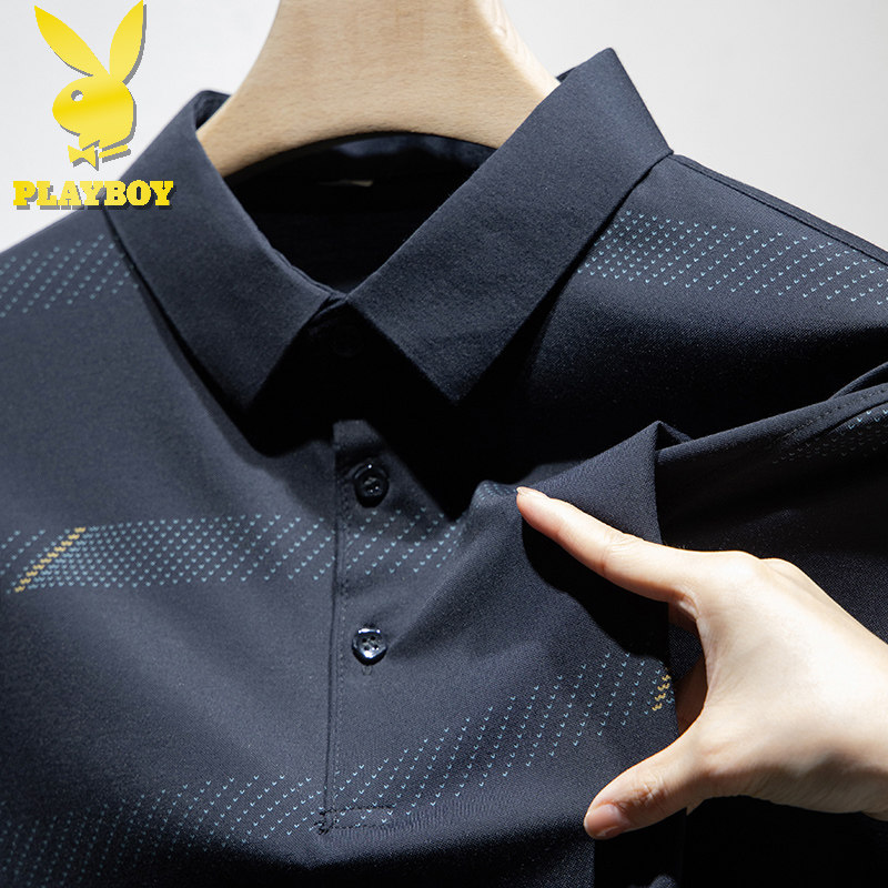Playboy thin ice silk polo shirt men's lapel long-sleeved dad wear middle-aged and elderly spring and autumn loose T-shirt