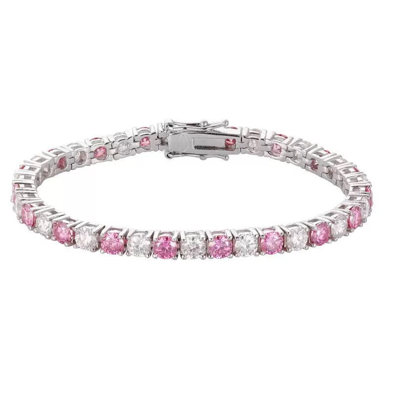 S925 Sterling Silver Pink and White Moissanite Bracelet for Women, Fashionable, Trendy, Simple, Personalized, Full Diamond Tennis Chain Gift