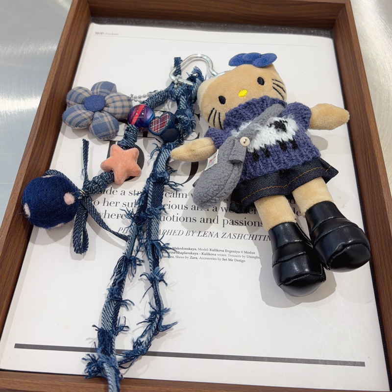 Blue Sweater, Denim Skirt, Black Leather Long-Leg Kt Bag Charm, Handmade Woven Denim Flower Keychain Accessory, New