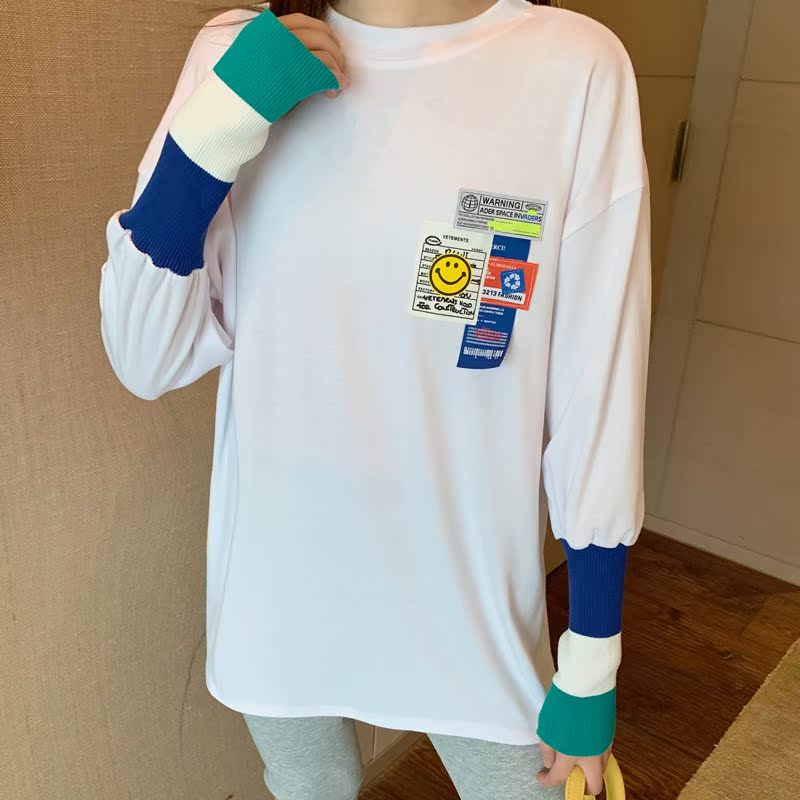 New round neck double side thick stitched knitted long sleeve T-shirt for women