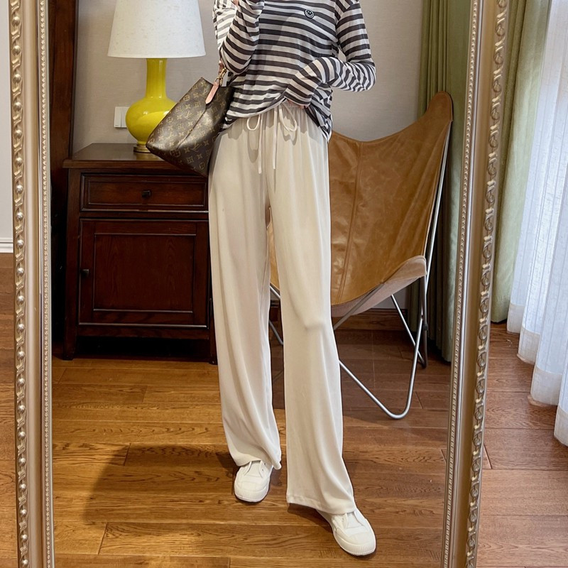 South Korea's new Silk Cool Down Air Broadlegged Pants Women's Summer 100 Hitch High Waist Display Slim Casual Straight Barrel Tug Pants Woman